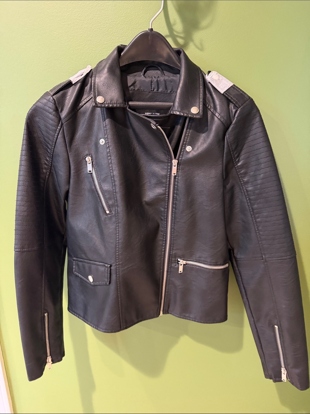 Vero Moda Black Faux Leather Moto Jacket with Quilted Sleeves, NWT